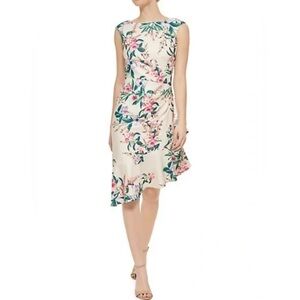 Eliza J Ivory Floral Sheath Dress Sleeveless Ruffles Asymmetrical Hem